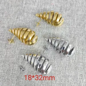 Chic 18K gold and stainless steel spiral teardrop earrings, trendy hollow spring design.