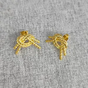 Gold-plated stainless steel rope twist knot stud earrings, minimalist fashion jewelry design.