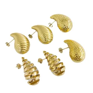 Trendy 18k gold plated stainless steel teardrop ribbed hammered spring earrings set for women