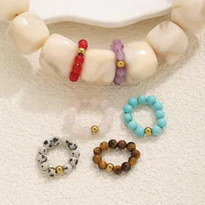 Natural Stone Beaded Elastic Rings 304 Stainless Steel Beads Agate Amethyst Turquoise DIY Jewelry Findings Ring Gift