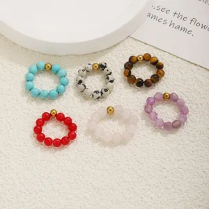 Natural stone beaded rings set, colorful gemstone stretch rings with gold bead, fashion jewelry.