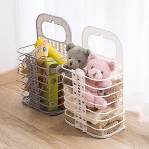 Foldable plastic laundry basket and clothes storage hamper for bathroom and bedroom use.