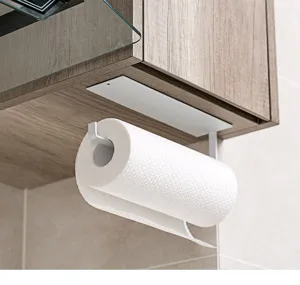 Under cabinet paper towel holder white iron punch free wall mounted kitchen roll storage rack