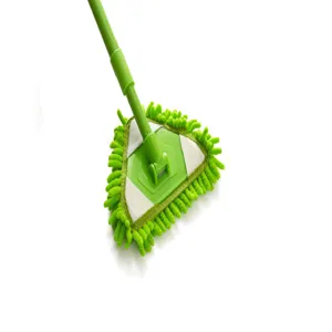 Triangle mop detail view featuring green telescopic handle and absorbent microfiber cloth head.
