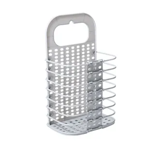 Foldable laundry basket with hanging wall mount, breathable mesh design for home bathroom.