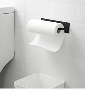 Black iron wall-mounted paper towel holder, punch-free kitchen and bathroom roll paper storage.