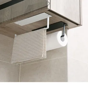 Under cabinet paper towel holder iron punch free kitchen roll paper storage rack