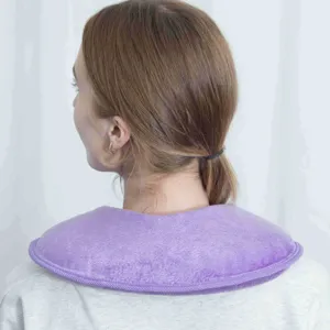 Rechargeable U-shaped neck heating pad, soft purple plush shoulder warmer for pain relief.