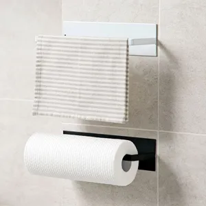 Iron kitchen paper towel holder wall mounted rag and plastic wrap organizer rack shelf