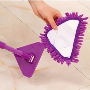 Mini triangular mop with telescopic handle for home floor and wall cleaning, purple color.