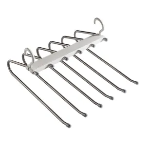 Stainless steel folding pants hanger, multi-layer space-saving magic clothes rack for closet storage.