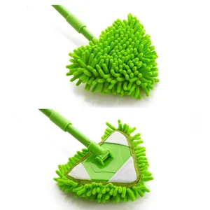 Mini triangular cleaning mop with telescopic handle, green microfiber chenille head for wall.