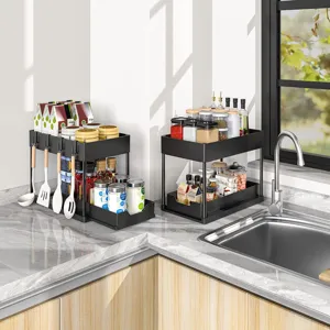 2-tier pull out under sink organizer black kitchen storage rack spice shelf with hooks