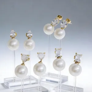 Korean Style Stainless Steel Rhinestone Artificial Pearl Stud Earrings Elegant Geometric Heart Waterdrop Pendant Earrings For Women