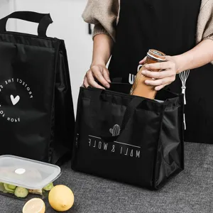 Black insulated lunch bag with durable handles, portable thermal bento tote for daily use.