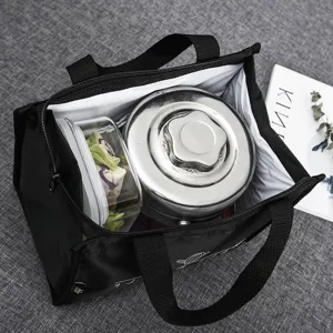 Black insulated lunch bag, portable bento box organizer with thermal lining for work and school.