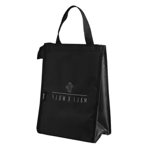 Black insulated lunch bag for office school, portable thermal bento tote cooler bag.