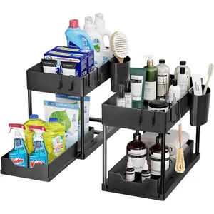 Under sink organizer 2 tier pull out storage racks for kitchen and bathroom black plastic.