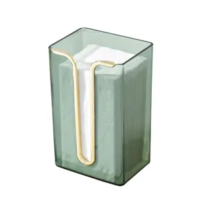 Groene doorzichtige tissuehouder doos met gouden metalen rand voor badkamer keuken thuis.