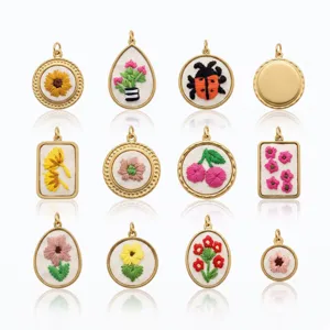 Pendentif broderie en acier inoxydable bijoux DIY fleurs naturelles colliers charms