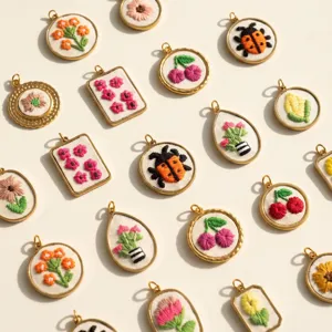 Vue détaillée de divers charms pendentifs de fruits et fleurs brodés frais pour bijoux DIY.