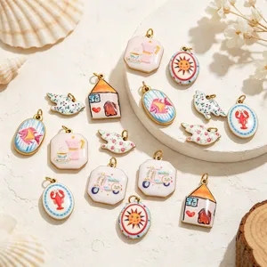 Dijes de Acero Inoxidable de Esmalte Dibujos Animados para Fabricación de Joyas DIY Colgantes para Pulsera Collar Pintados a Mano Casa Sol Langosta Paloma