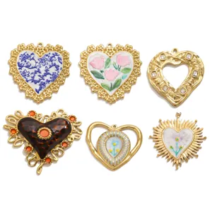 Colgantes de corazón de acero inoxidable, dijes vintage esmaltados para joyería lote