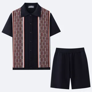 Men's navy knitted two-piece set with color-blocking jacquard cardigan and casual shorts