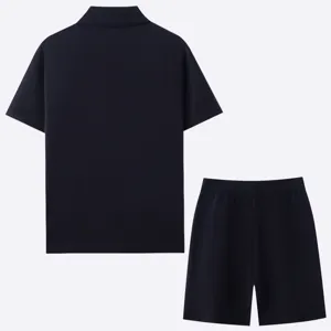 Back view of men's dark blue knitted polo shirt and shorts casual set.