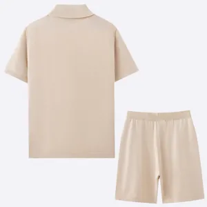 Detailed back view of men's casual cream knit two-piece set with shirt and shorts