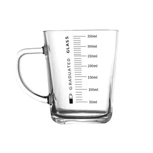 Clear glass measuring mug with handle, 350ml capacity, ideal for milk, coffee and water.