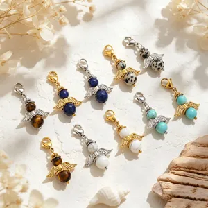 Colgantes de piedra natural ala de ángel con mosquetón, dijes de piedras preciosas para joyería DIY.