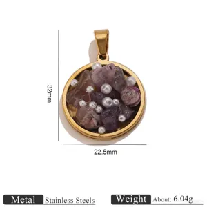 Stainless steel natural crushed stone pearl round pendant DIY necklace jewelry accessory detail