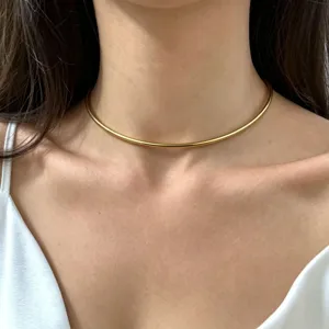 Collar gargantilla minimalista de metal de acero inoxidable, detalle de joyería fina.