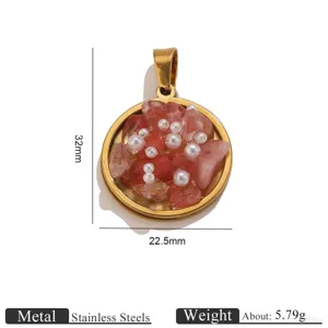 Stainless steel pendant detail showing embedded natural stone chips and pearls with dimensions.