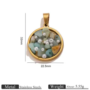 Stainless Steel Natural Stone Pearl Round Pendant DIY Necklace Jewelry Accessories 32x22.5mm
