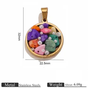 Stainless steel round pendant detail with colorful stones and pearls, size and weight specs.