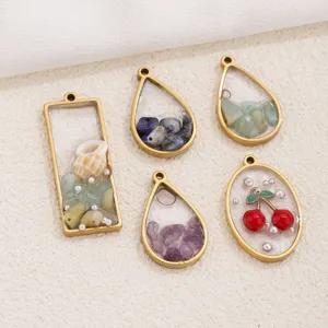 Pendentifs en résine et métal doré avec pierre naturelle et cerise pour bijoux DIY faits main