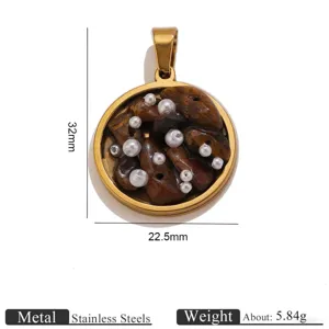 Stainless steel round pendant detail, featuring natural crushed stones and pearls, 32x22.5mm size.