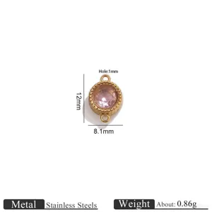Stainless steel round double loop pendant with pink stone detail view 12x8.1mm accessory