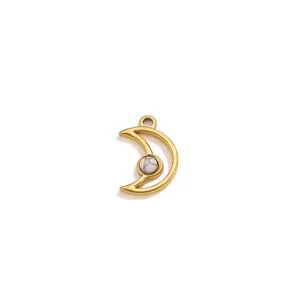 Stainless Steel Crescent Moon Pendant with White Stone Geometric DIY Jewelry Accessory