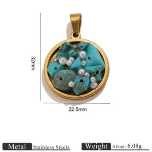 Stainless steel round pendant detail showing crushed stone, pearl inlay, size 32x22.5mm, 6.08g