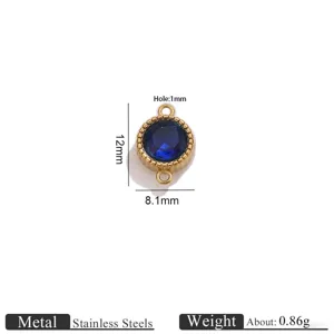 Stainless steel round blue crystal charm pendant detail view, hole 1mm, size 12x8.1mm, 0.86g