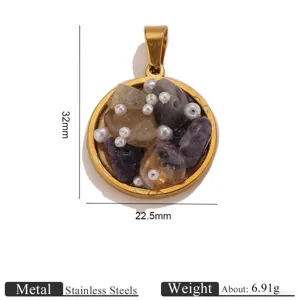 Stainless steel natural stone pearl round pendant for DIY necklace jewelry accessory detail