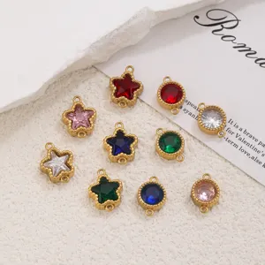 Stainless steel star and round charm detail, colorful gem inlay, DIY jewelry accessory.