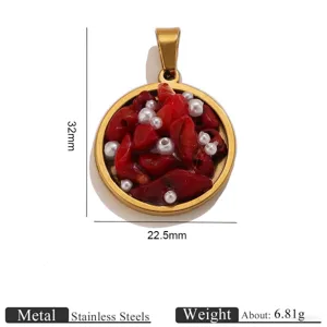 Detail shot of stainless steel round pendant with natural crushed stones and pearls, 32x22.5mm.