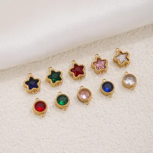Stainless steel round star double loop pendant charms, colorful zirconia DIY jewelry details.