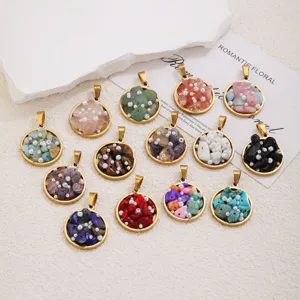 Close-up detail of colorful natural stone pearl round pendant charms, jewelry making DIY accessories.