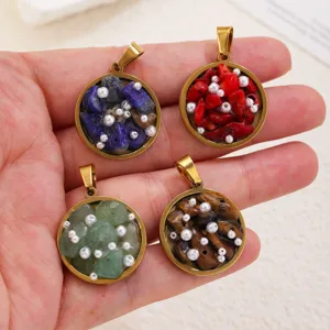 Stainless steel natural crushed stone pearl round pendant DIY necklace jewelry accessory wholesale