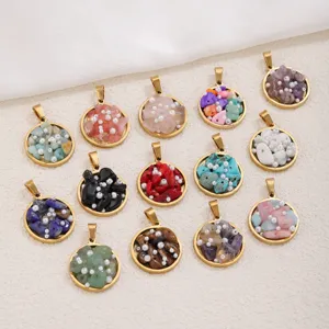 Stainless steel natural crushed stone pearl round pendant DIY necklace jewelry accessories wholesale